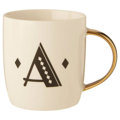 Orsina Diamond Deco Monogram Mug – White Ceramic Gold Handle, Letter A