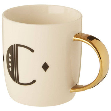 Orsina Diamond Deco White Monogram Mug – Initial C with Gold Handle