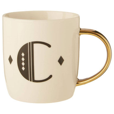 Orsina Diamond Deco White Monogram Mug – Initial C with Gold Handle