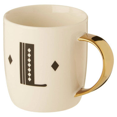 Orsina Diamond Deco Monogram Mug – White Ceramic L Initial Gold Handle