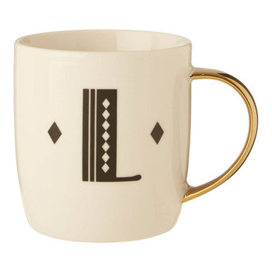 Orsina Diamond Deco Monogram Mug – White Ceramic L Initial Gold Handle