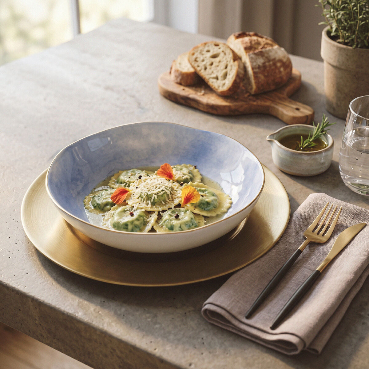Orsina Colour Of Paradise Pasta Bowl – Pastel Blue Ceramic with Gold Rim
