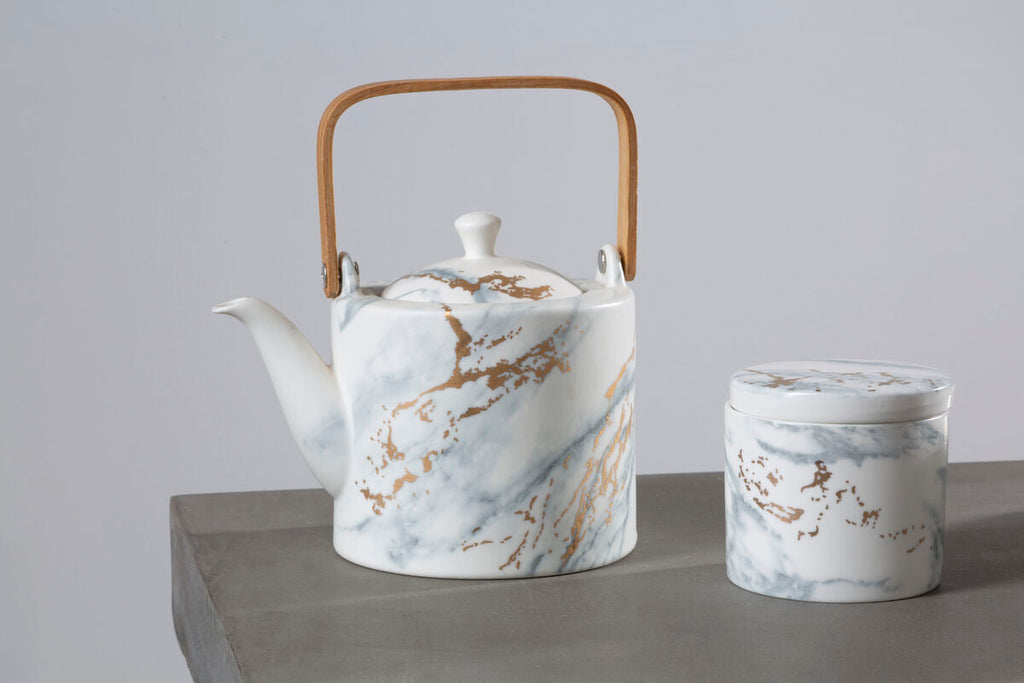 Orsina Marble Luxe Teapot – White Ceramic with Metallic Accents