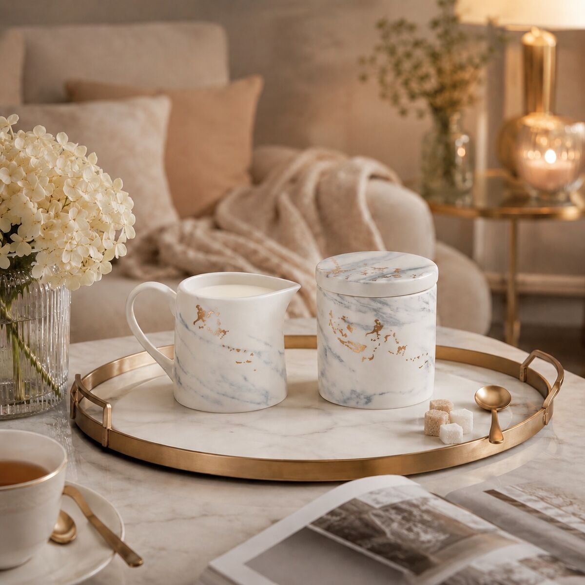 Orsina Marble Luxe Sugar Pot and Creamer Set with Gold Accents