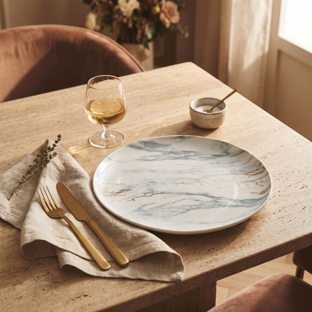 Orsina Marble Luxe Dinner Plate – Matte Finish with Gold Accents