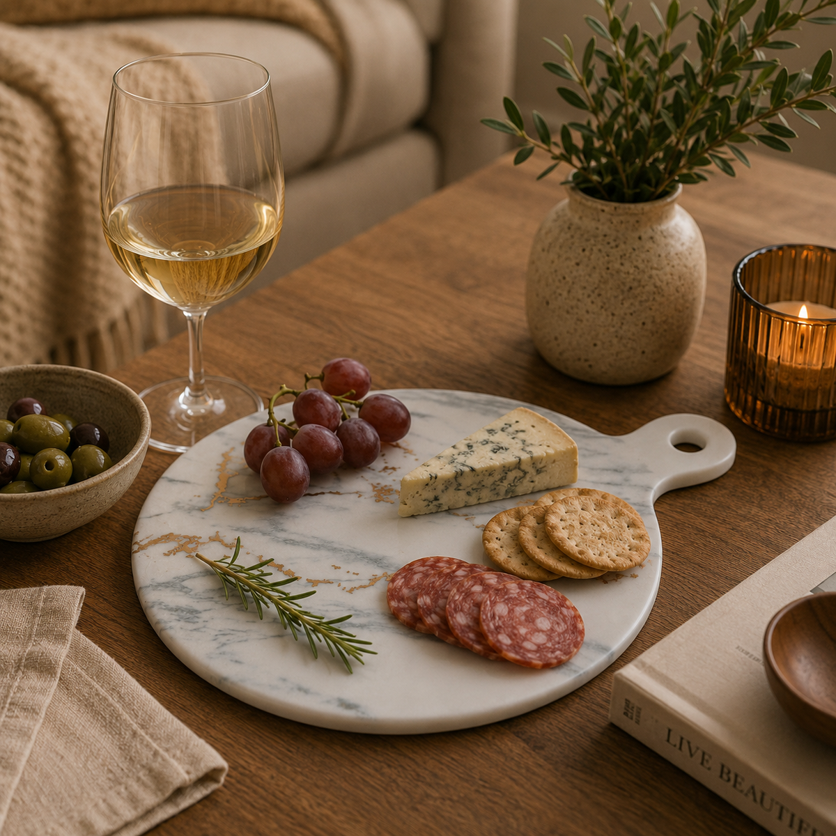 Orsina Marble Luxe Cheese Paddle – Matte White Serving Board with Gold