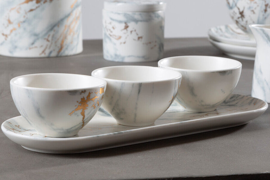 Orsina Marble Luxe Dip Bowls with Tray Set – 3 Piece Matte Serving Set
