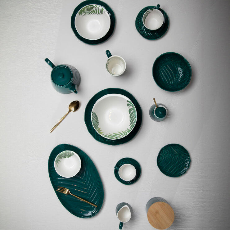 Orsina Bali Dark Green Porcelain Teapot – Embossed Palm Leaf Design
