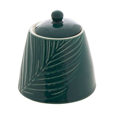 Orsina Bali Dark Green Sugar Pot – Ceramic Tropical Leaf Design with Lid