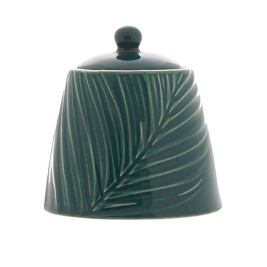 Orsina Bali Dark Green Sugar Pot – Ceramic Tropical Leaf Design with Lid