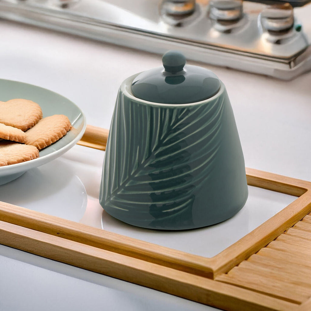 Orsina Bali Dark Green Sugar Pot – Ceramic Tropical Leaf Design with Lid