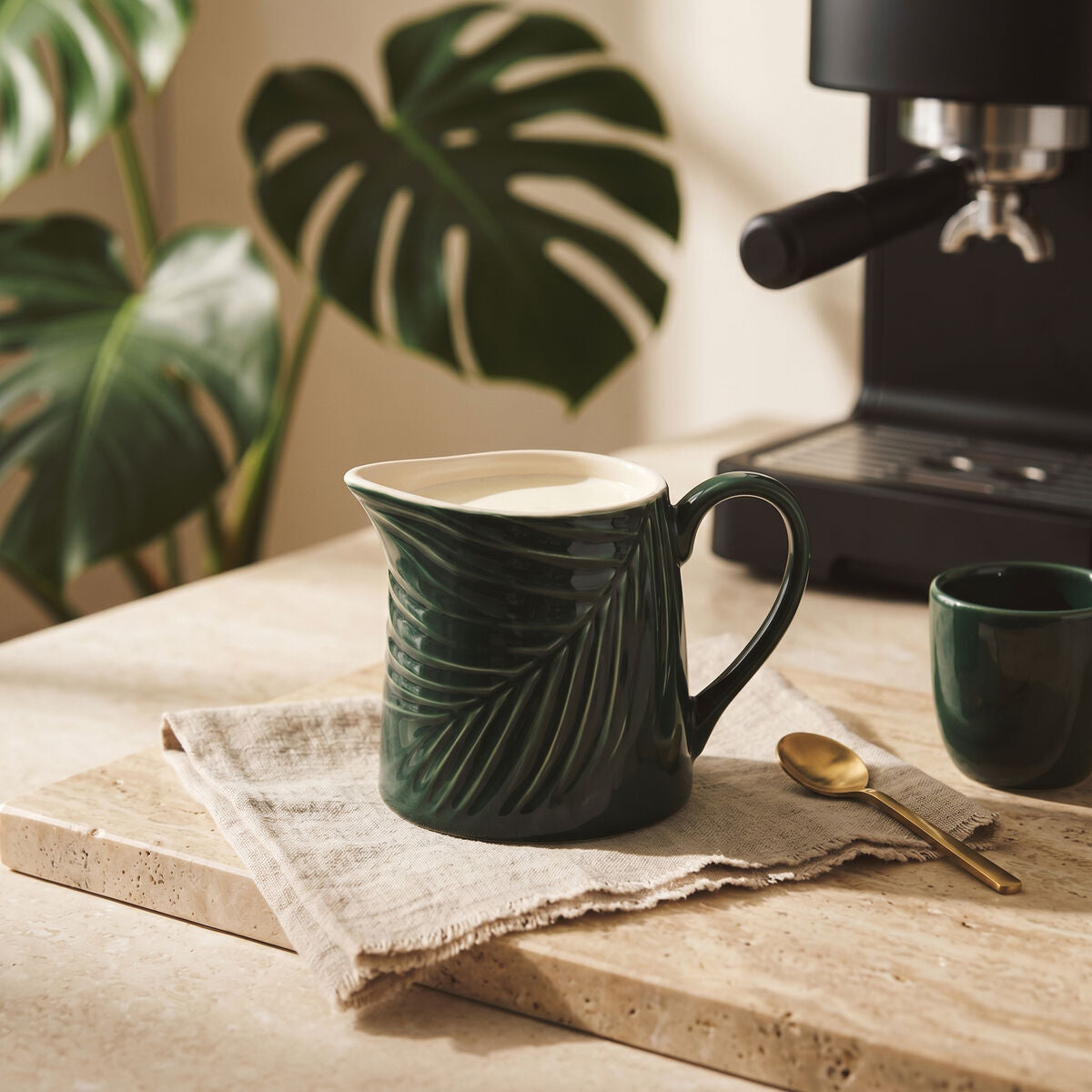Orsina Bali Milk Jug – Green Porcelain Creamer with Palm Leaf Motif