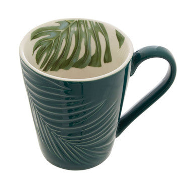 Orsina Bali Dark Green Leaf Porcelain Mug – Embossed Palm Design