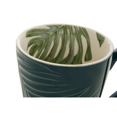 Orsina Bali Dark Green Leaf Porcelain Mug – Embossed Palm Design