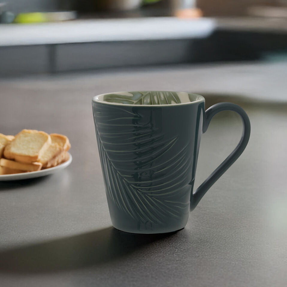 Orsina Bali Dark Green Leaf Porcelain Mug – Embossed Palm Design