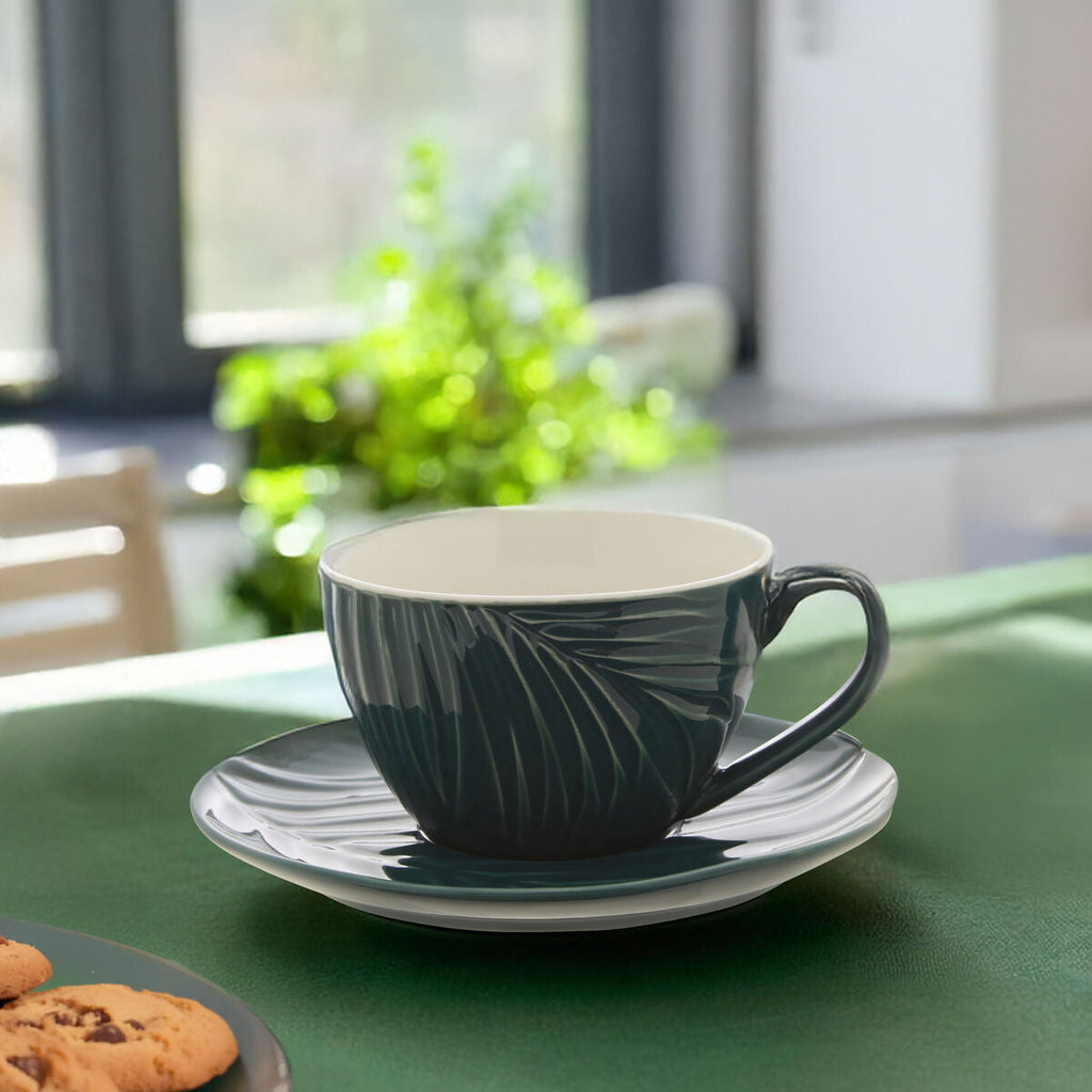 Orsina Bali Dark Green Espresso Cup and Saucer – Embossed Porcelain