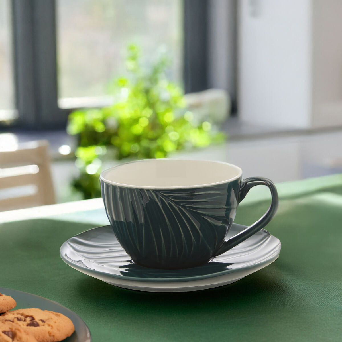 Orsina Bali Dark Green Espresso Cup and Saucer – Embossed Porcelain