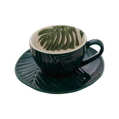 Orsina Bali Dark Green Porcelain Cup and Saucer with Leaf Design