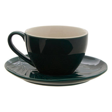 Orsina Bali Dark Green Porcelain Cup and Saucer with Leaf Design