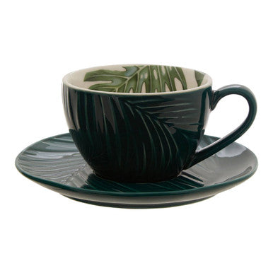 Orsina Bali Dark Green Porcelain Cup and Saucer with Leaf Design
