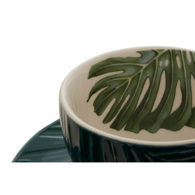 Orsina Bali Dark Green Porcelain Cup and Saucer with Leaf Design