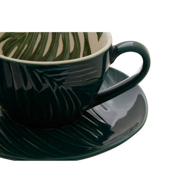 Orsina Bali Dark Green Porcelain Cup and Saucer with Leaf Design