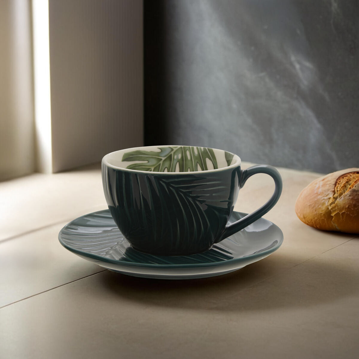Orsina Bali Dark Green Porcelain Cup and Saucer with Leaf Design