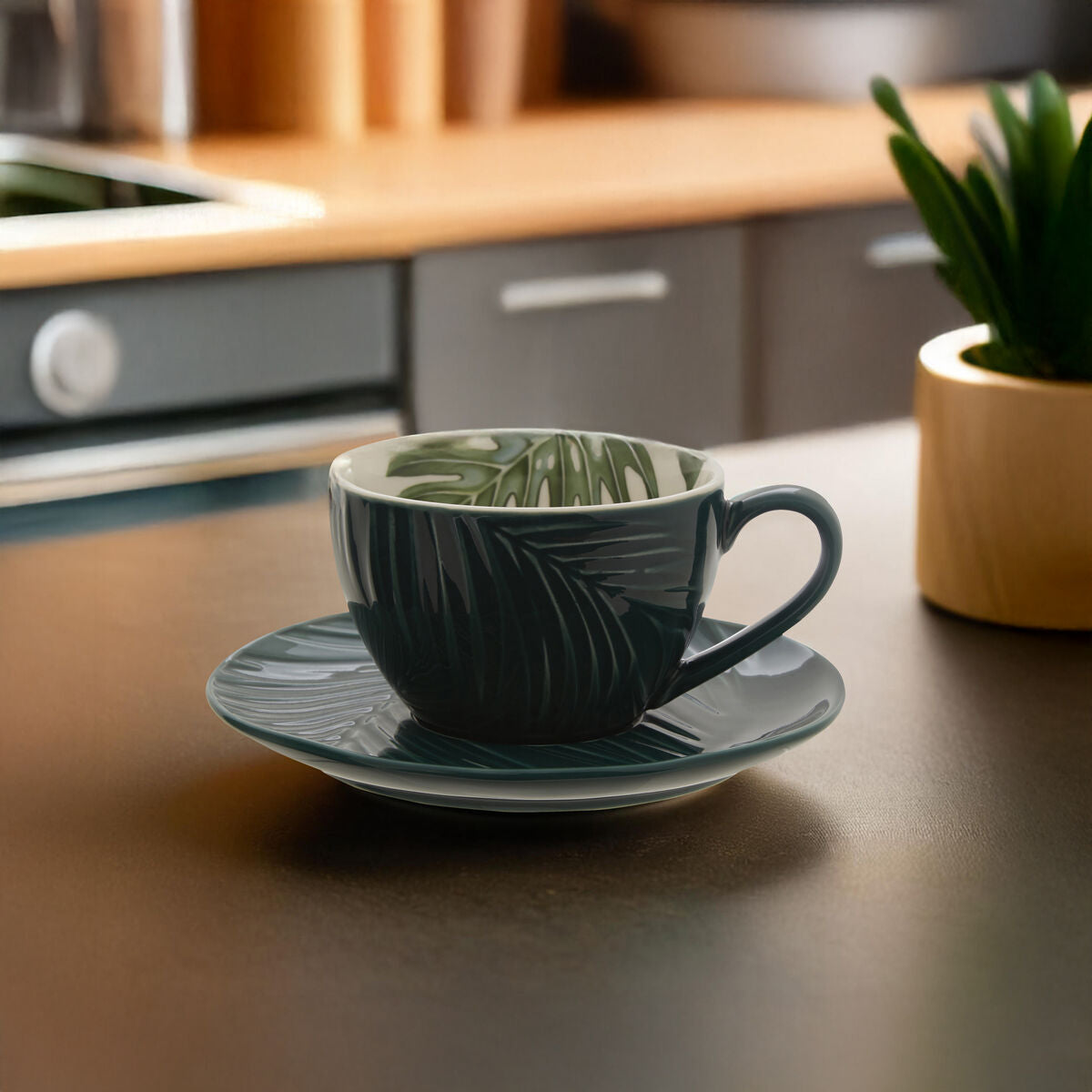 Orsina Bali Dark Green Porcelain Cup and Saucer with Leaf Design