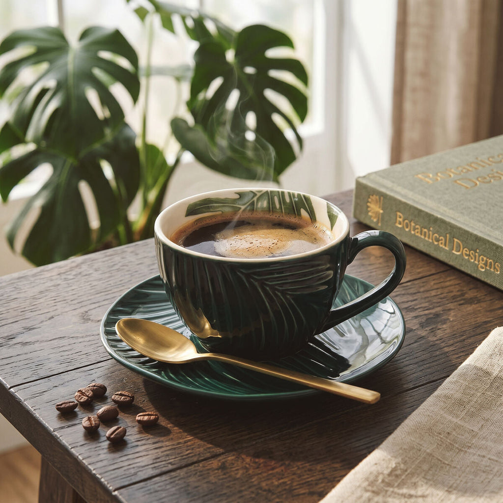 Orsina Bali Dark Green Porcelain Cup and Saucer with Leaf Design