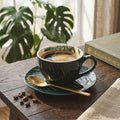 Orsina Bali Dark Green Porcelain Cup and Saucer with Leaf Design
