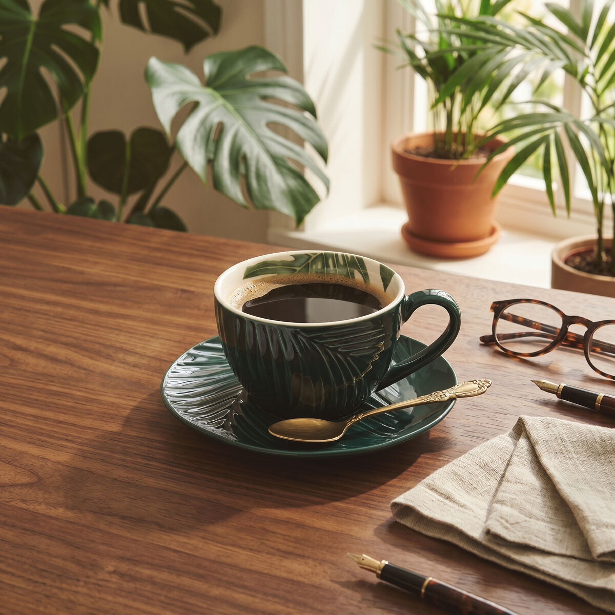 Orsina Bali Dark Green Porcelain Cup and Saucer with Leaf Design