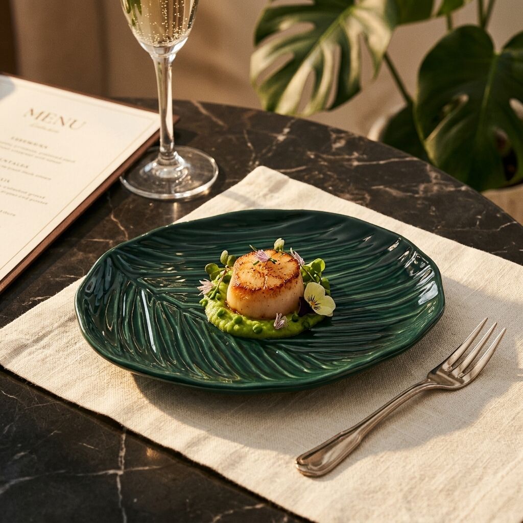 Orsina Bali Canape Plate – Dark Green Porcelain Tropical Leaf Design