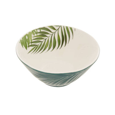 Orsina Bali Dark Green Porcelain Salad Bowl with Tropical Leaf Design