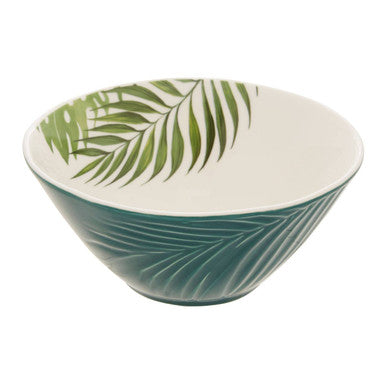 Orsina Bali Dark Green Porcelain Salad Bowl with Tropical Leaf Design