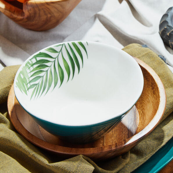 Orsina Bali Dark Green Porcelain Salad Bowl with Tropical Leaf Design