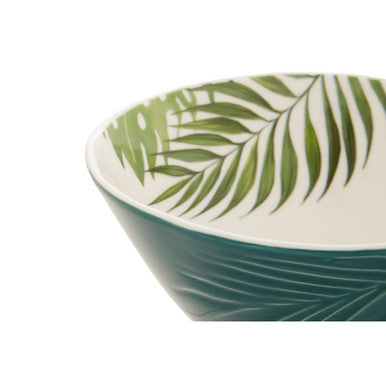 Orsina Bali Dark Green Porcelain Salad Bowl with Tropical Leaf Design