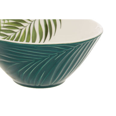 Orsina Bali Dark Green Porcelain Salad Bowl with Tropical Leaf Design