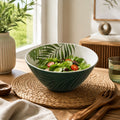 Orsina Bali Dark Green Porcelain Salad Bowl with Tropical Leaf Design