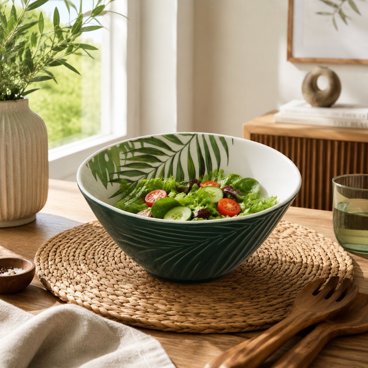 Orsina Bali Dark Green Porcelain Salad Bowl with Tropical Leaf Design