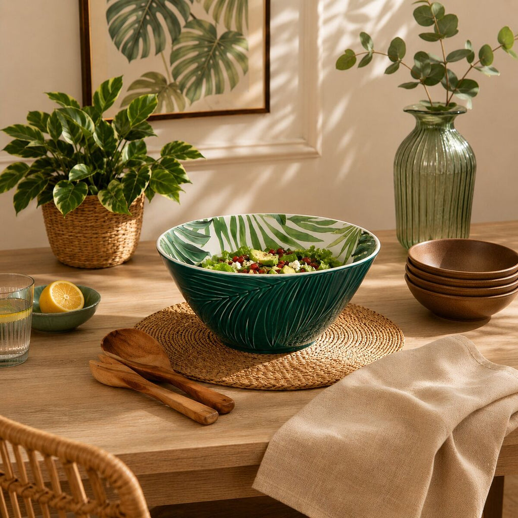 Orsina Bali Large Porcelain Salad Bowl – Dark Green Tropical Leaf