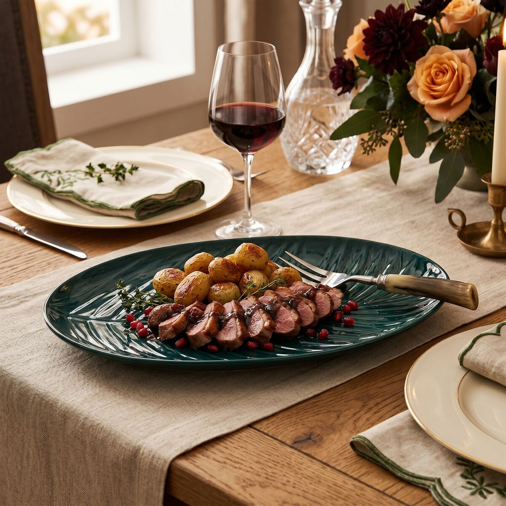 Orsina Bali Dark Green Serving Plate – Porcelain Leaf Motif Platter