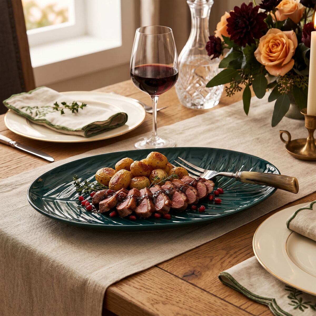 Orsina Bali Dark Green Serving Plate – Porcelain Leaf Motif Platter