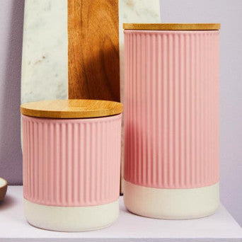Orsina Geome Pink 550ml Storage Canister with Bamboo Lid | Ribbed Ceramic