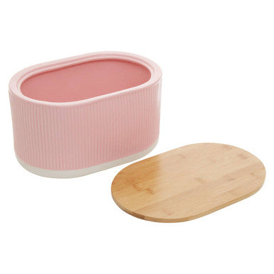 Orsina Geome Pink Stoneware Bread Bin with Bamboo Lid - 2-Tone