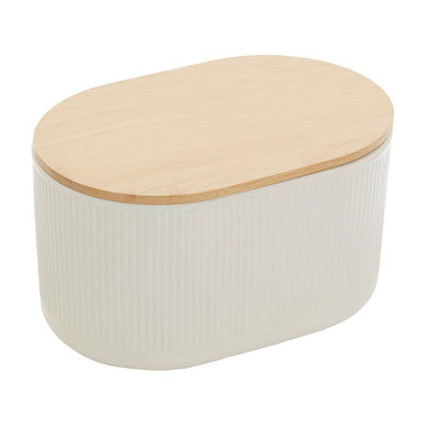 Orsina Geome Bread Bin – Cream Stoneware Kitchen Storage with Bamboo Lid