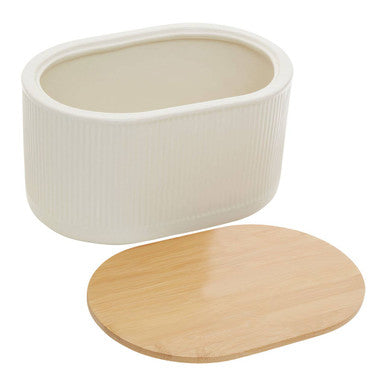 Orsina Geome Bread Bin – Cream Stoneware Kitchen Storage with Bamboo Lid