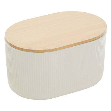 Orsina Geome Bread Bin – Cream Stoneware Kitchen Storage with Bamboo Lid