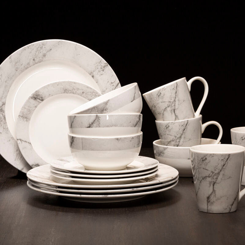 Orsina Avie 16-Piece White and Grey Marble Effect Porcelain Dinner Set