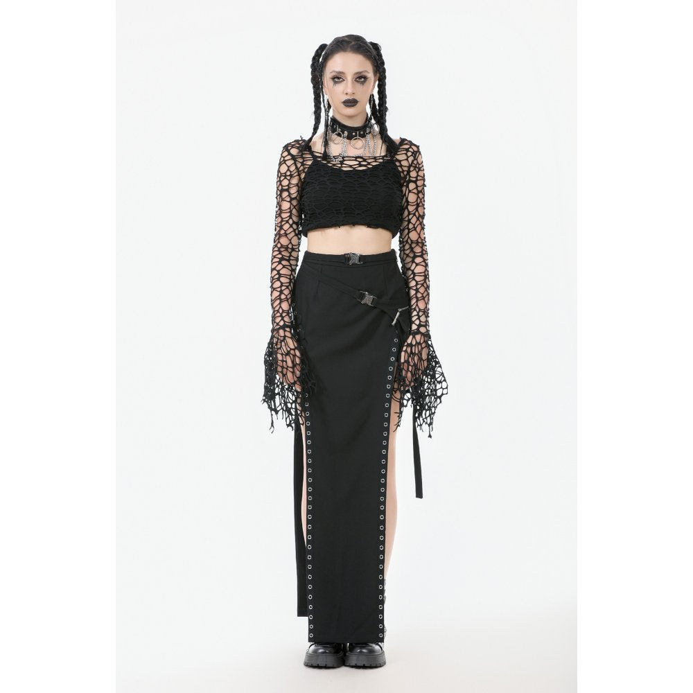 Dark in Love Morana Black Mesh Crochet Knit Bell Sleeve Crop Top
