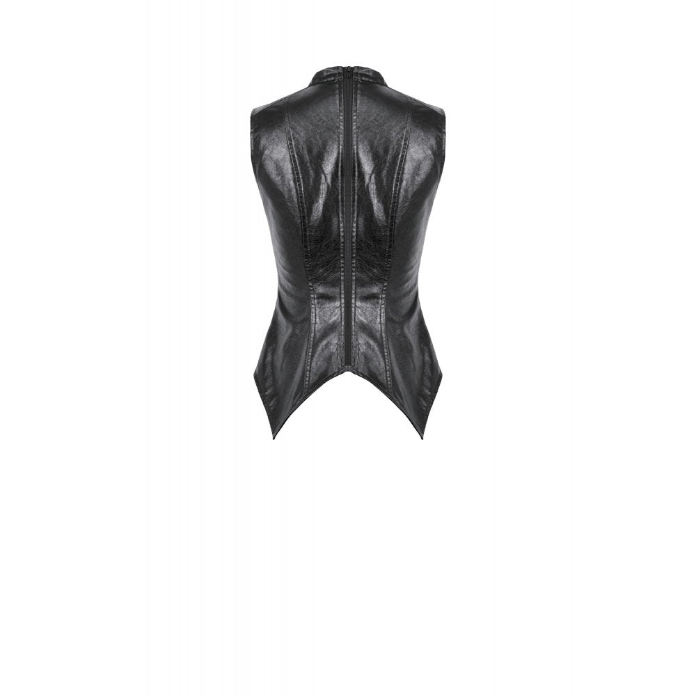 Dark in Love Black Distressed Leather-Look Lace-Up Punk Vest Top